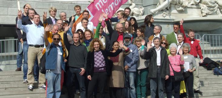 The participants of the Danube Democracy Rally in front of the Austrian parliament in  Vienna