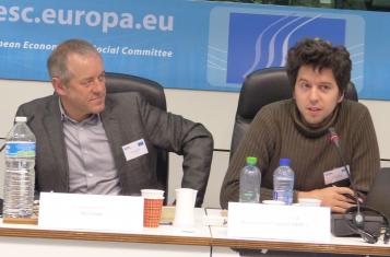 Bruno Kaufmann and Michel Cermak "from Stop TTIP" (right) at ECI Conference in Brussels