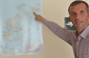 Liam McArthur points out where he lives on the Orkney Islands