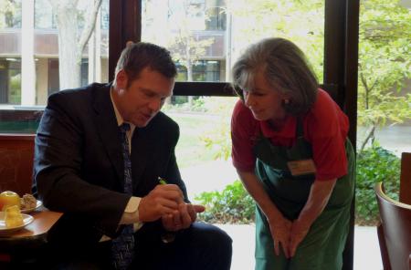 Kris Kobach, US State Secretary of Kansas and fan Lorraine at Panera Bread in Kansas City